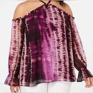 INC International Concepts Cold Shoulder Ruffle Halter Neck Purple Black Shirt
